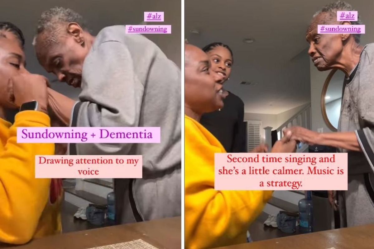 screenshots of a woman holding the hands of an older woman