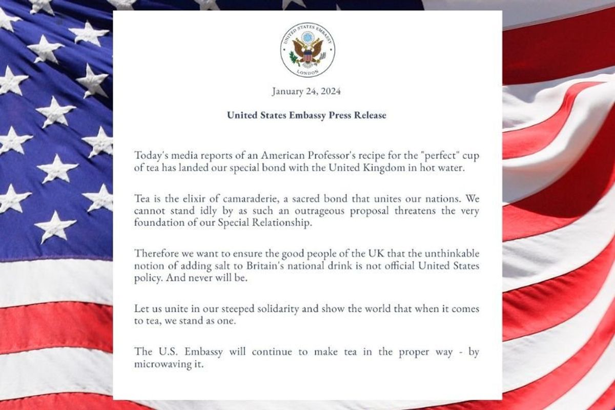 US Embassy press release with American flag in the background
