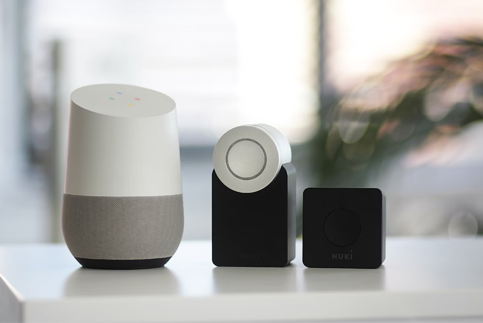 a photo of a Google Home Smart Hub, Nuki Smart Lock and Nuki hub.