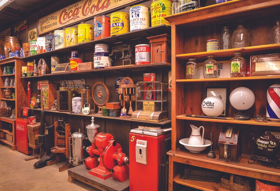 A variety of historic decor items stored in a Cracker Barrel warehouse.