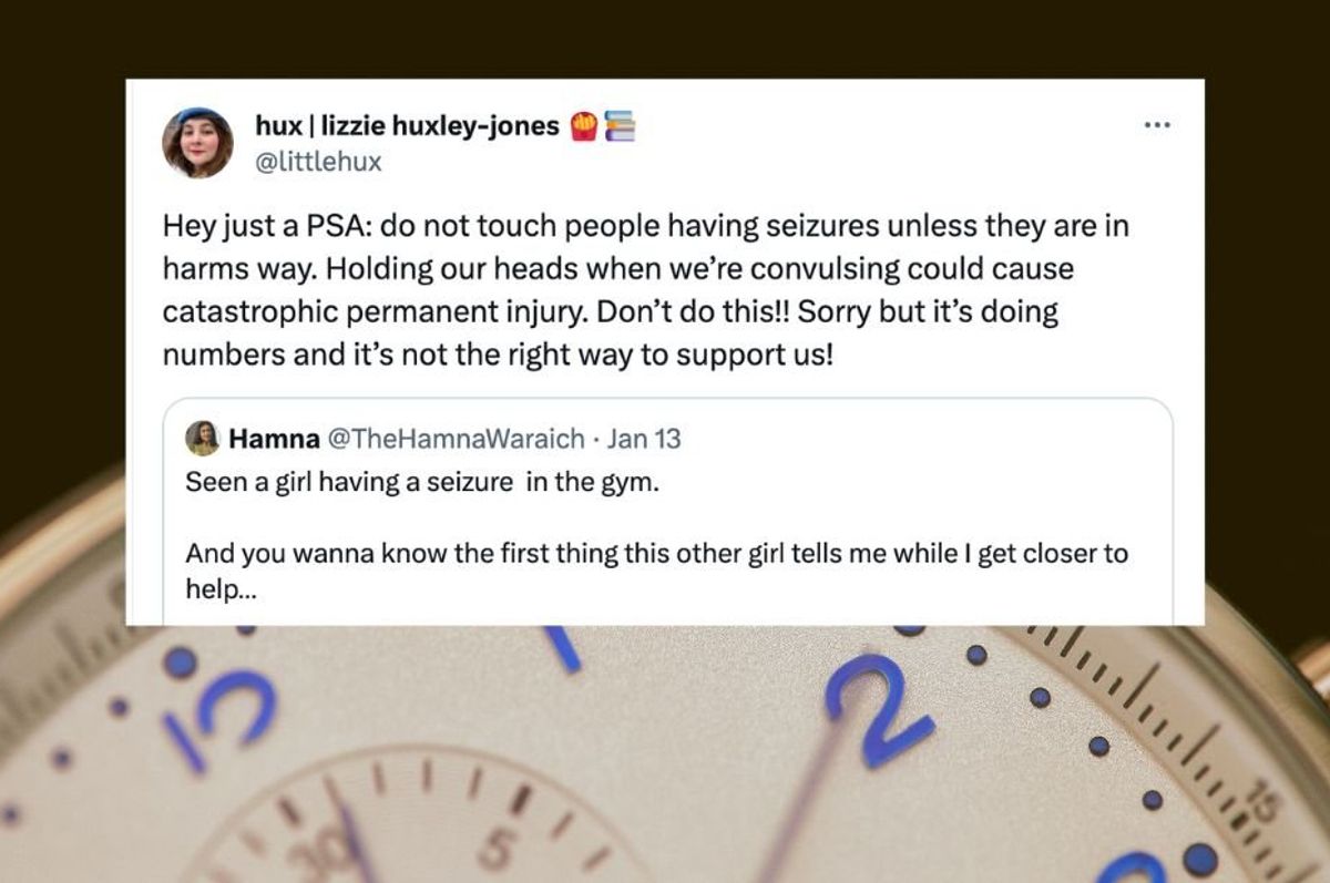 image of a stopwatch behind a screenshot of a tweet about what to do for someone having a seizure
