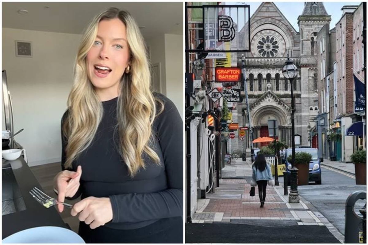 woman speaking to camera; a shot of a quaint European street.