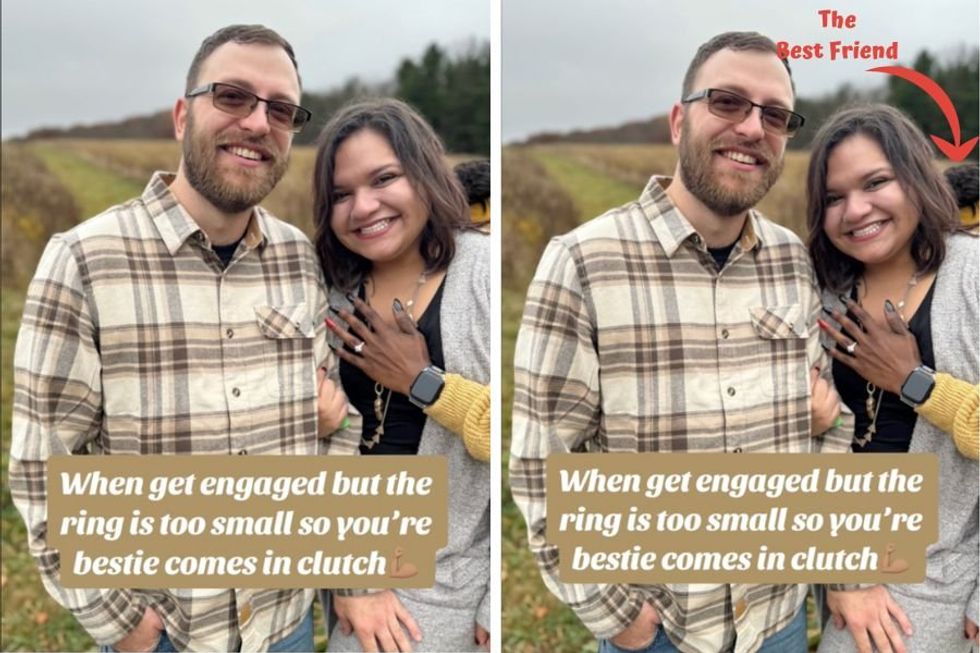 Woman uses best friend's hand for unexpected engagement pictures when the ring doesn't fit