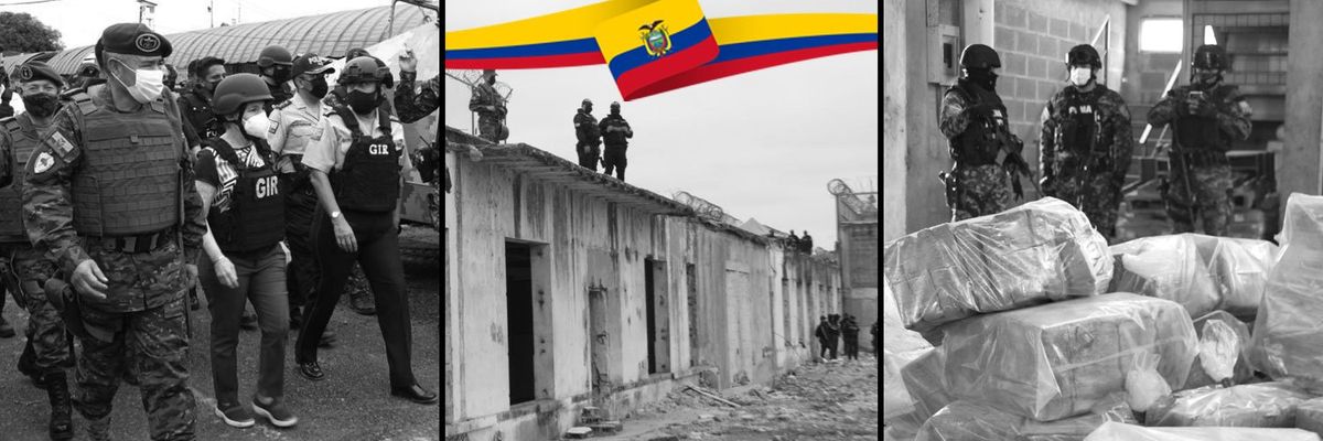 ecuadorian police and military dressed in riot and military fatigues are shown patroling the streets of Ecuador