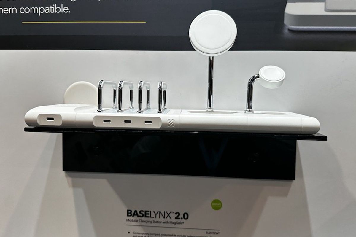 a photo of SCOSCHE Qi2 Certified BaseLynx 2.0 magsafe charging station on display at CES Show 2024 in SCOSCHE Booth.
