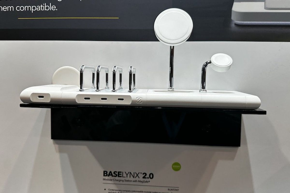 a photo of SCOSCHE Qi2 Certified BaseLynx 2.0 magsafe charging station on display at CES Show 2024 in SCOSCHE Booth.
