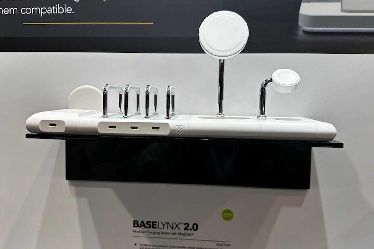 a photo of SCOSCHE Qi2 Certified BaseLynx 2.0 magsafe charging station on display at CES Show 2024 in SCOSCHE Booth.