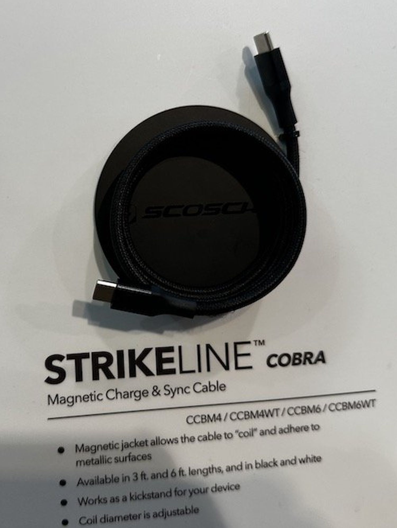 A photo of SCOSCHE Strikeline Cobra Magnetic Charge and Sync Cable on display at CES Show 2024