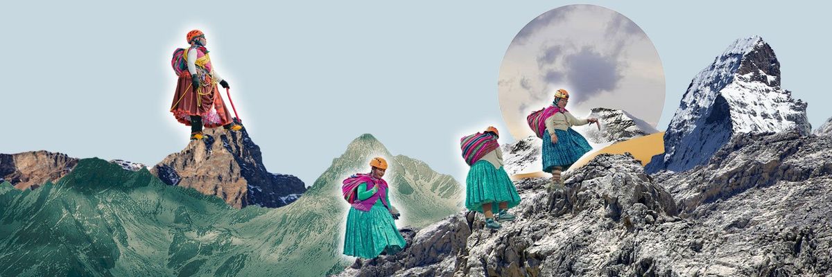 graphic design in collage style of a group of native women climbing mountains