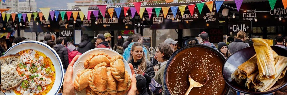 The atmosphere of a Latin American gastronomic festival and photographs of typical dishes from the region