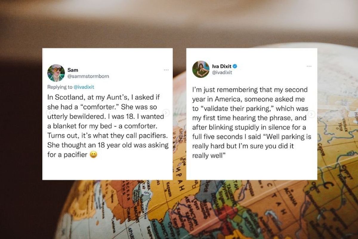 globe overlaid with screenshots of two tweets
