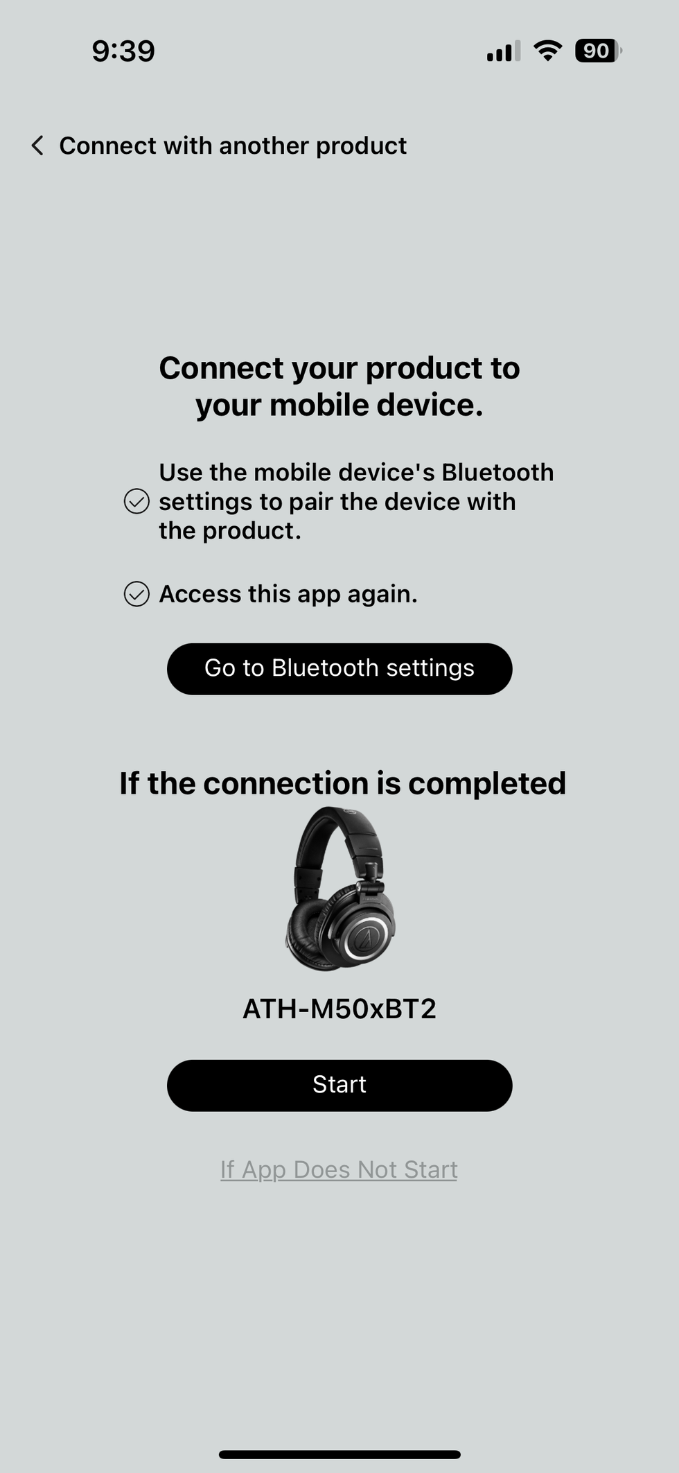 a screen in the AT Connect app to connect your headphones with the app
