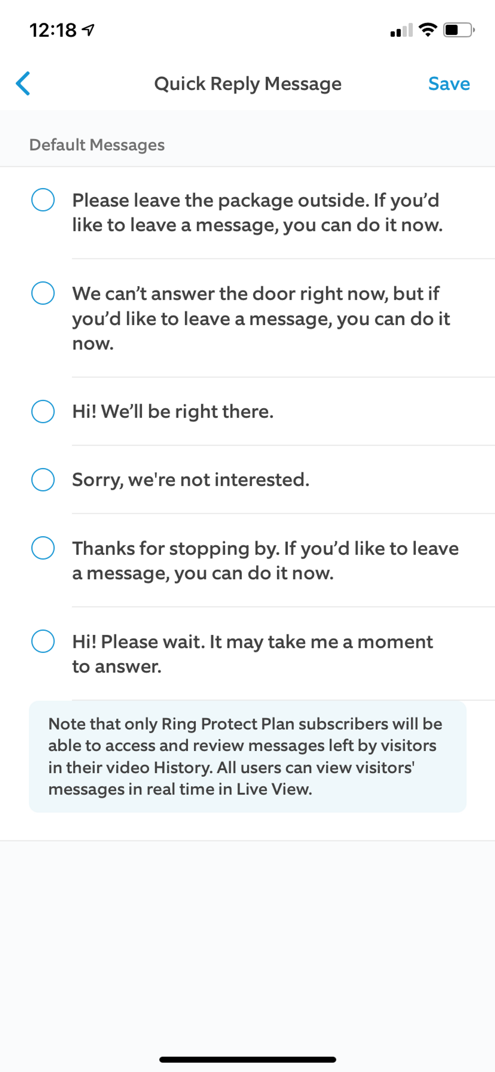 screenshot of Ring app showing responses for Quick Replies