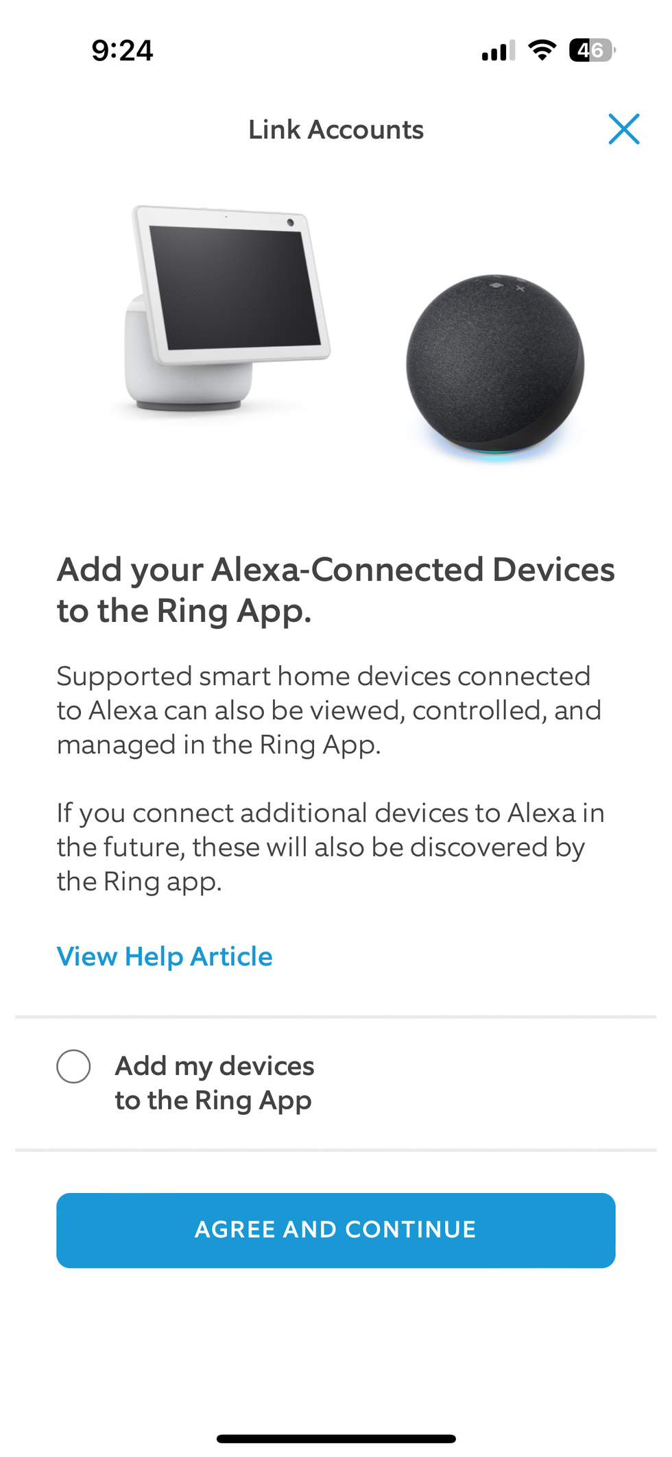 screenshot of setup process for linking your Ring app to Amazon Alexa app