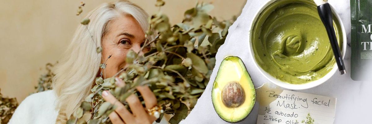 An elderly woman holds a bouquet of herbs. In the foreground of the image we see utensils, ingredients, and a handwritten note providing step-by-step instructions for crafting a natural facial mask.