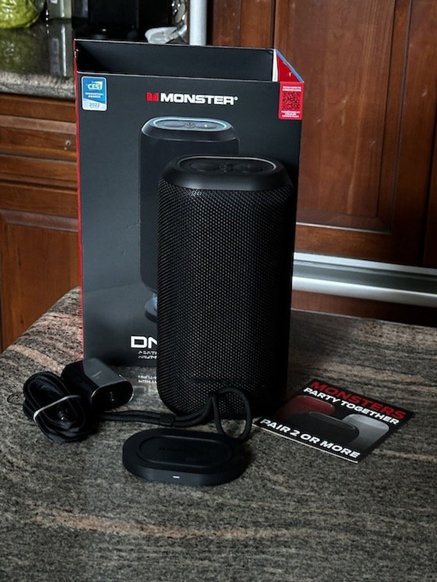a photo of Monster DNA Max Portable Wireless Speaker unboxed on a counter