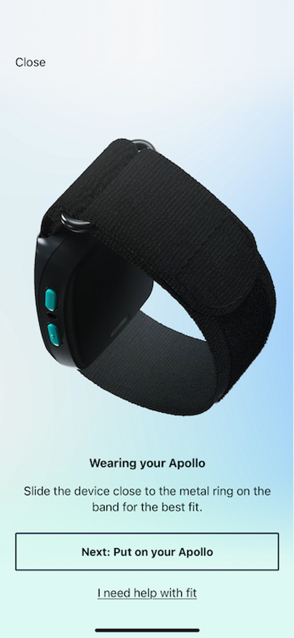 A screenshot from Apollo Neuro app showing how to wear Apollo Wearable