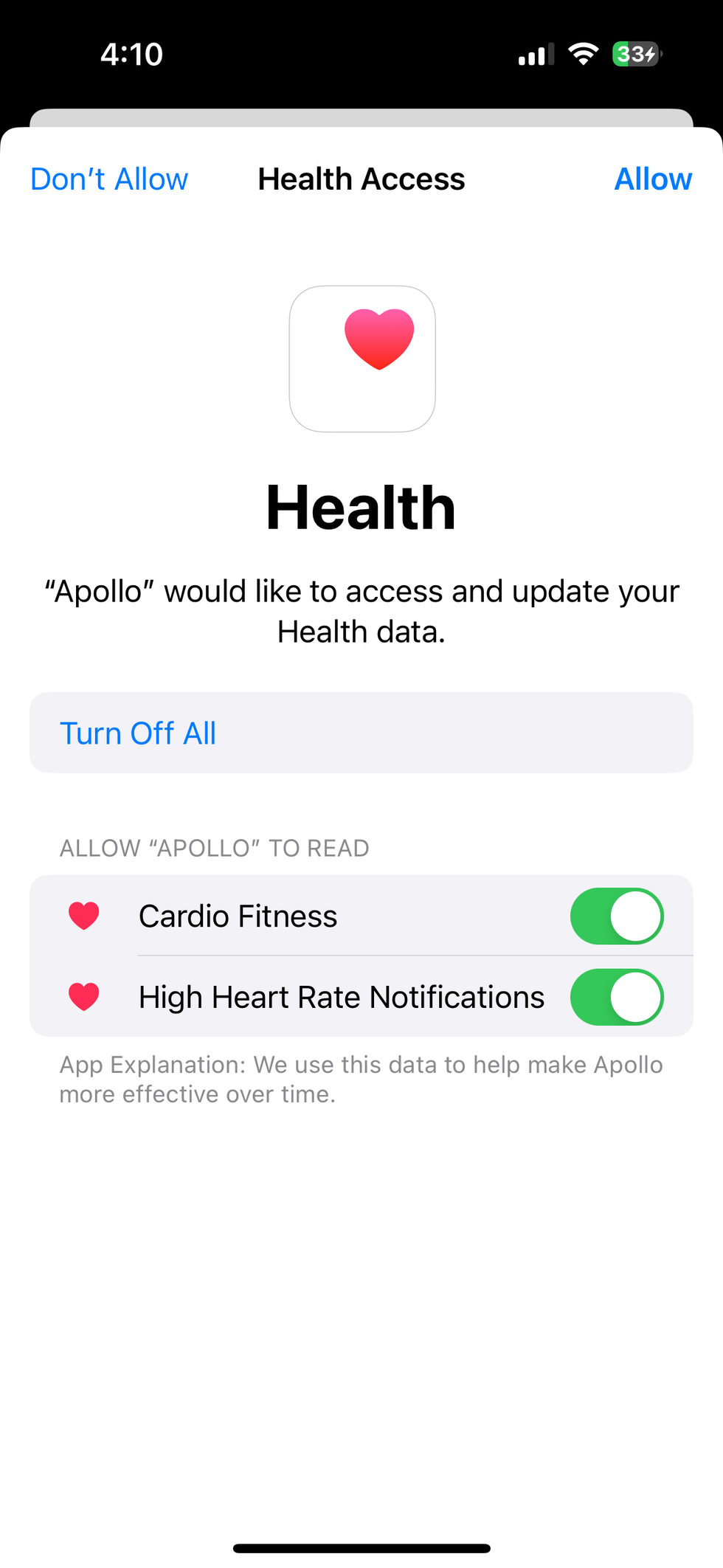 A screenshot of Apollo Neuro app and where you connect it to the Apple Health app