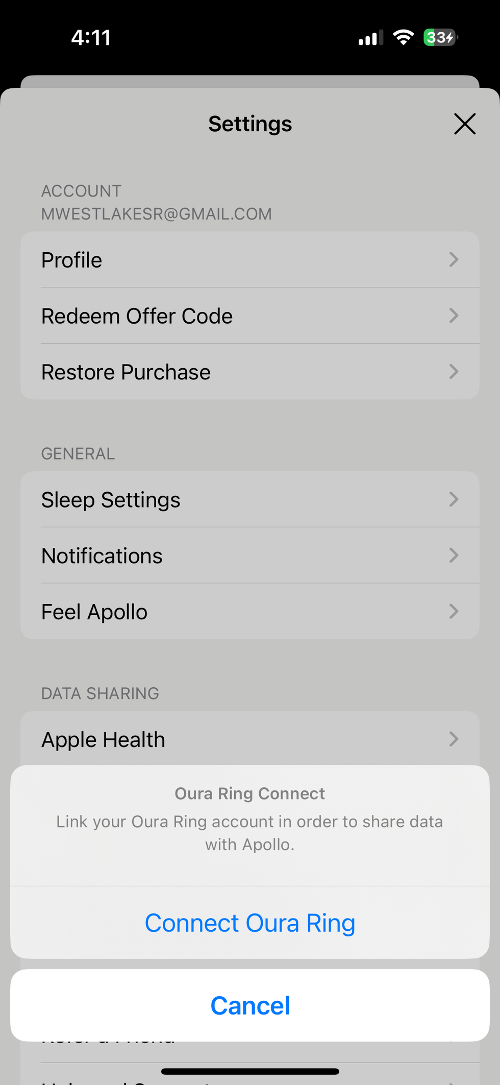 Screenshot showing how to connect Oura Ring data to your Apollo Neuro app