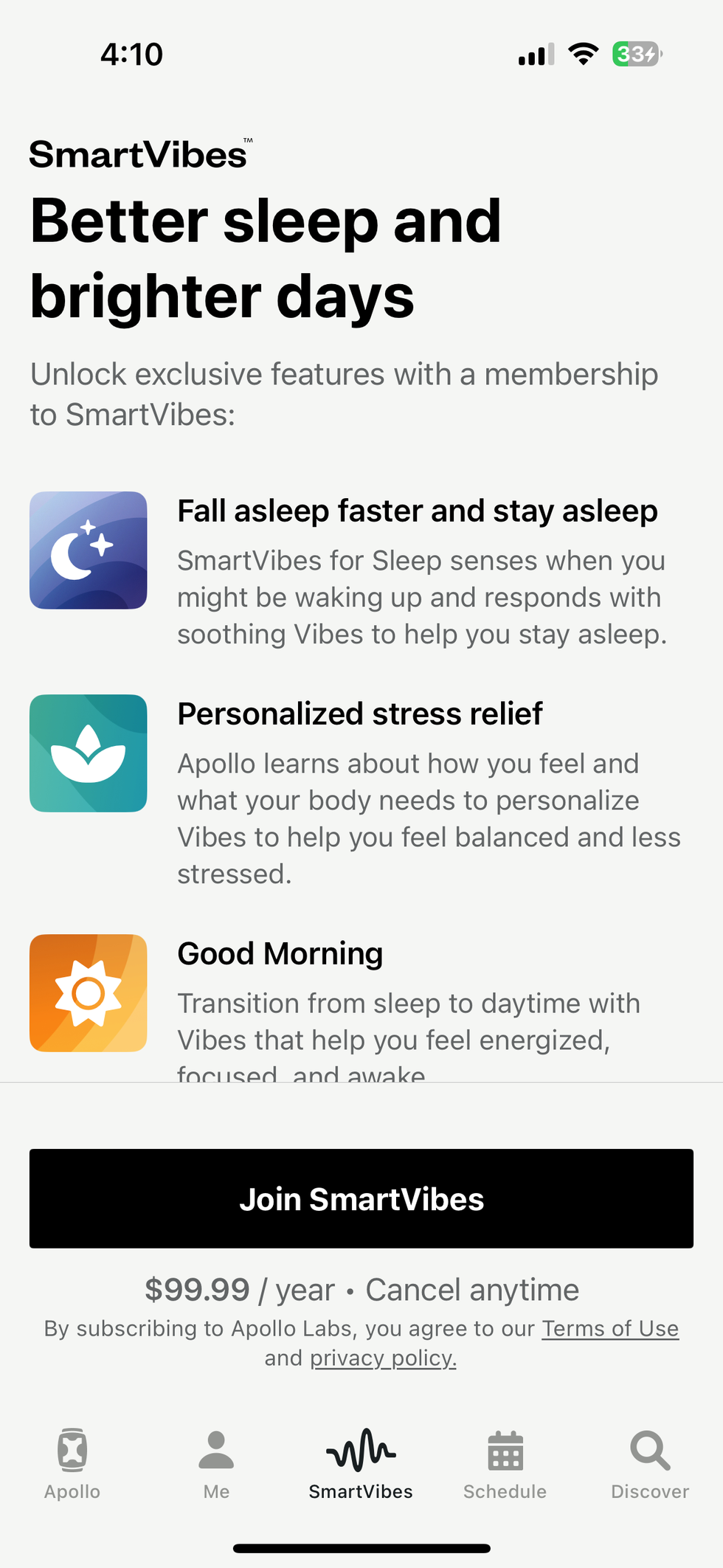 a screenshot on where to sign up for Smart Vibes in the Apollo Neuro app