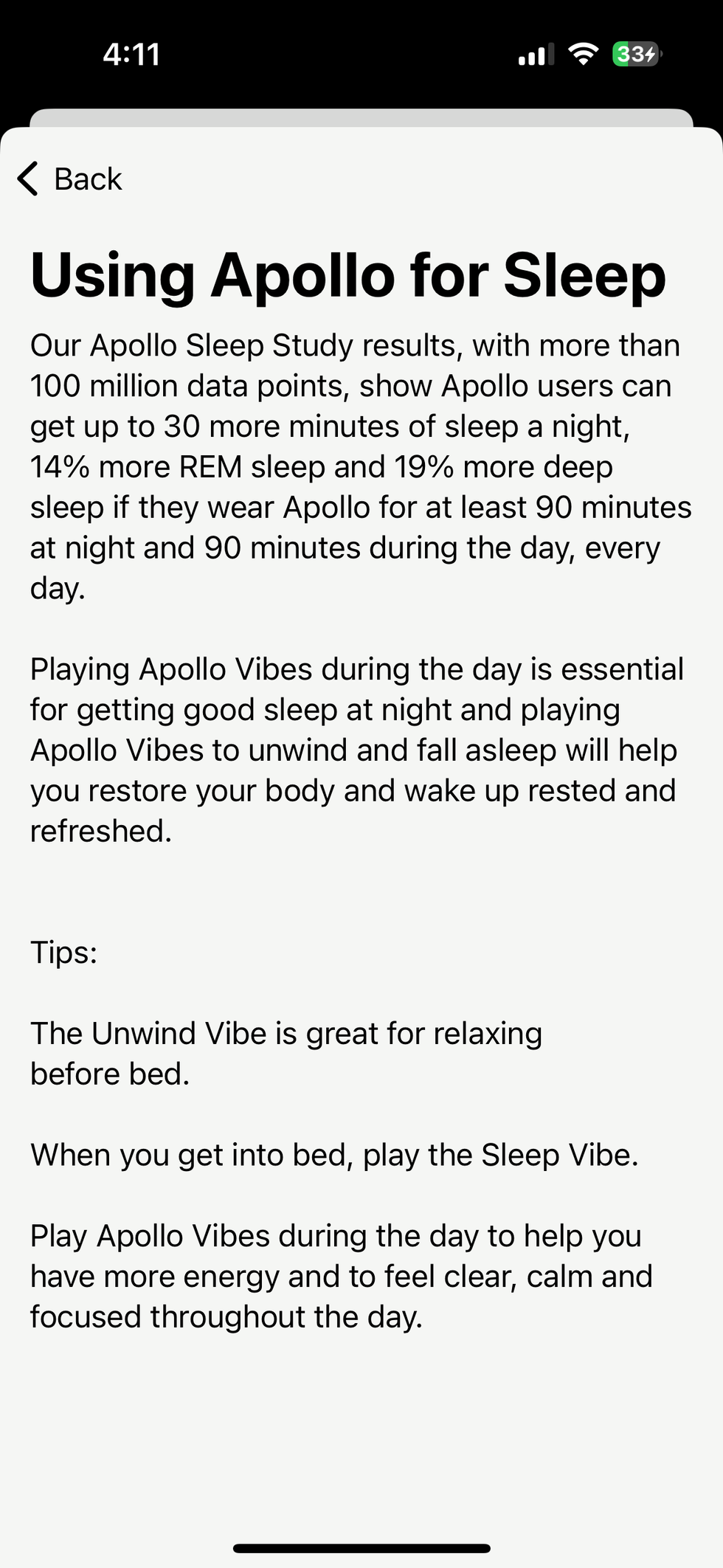 A screenshot in Apollo Neuro app show results from using Apollo Wearable