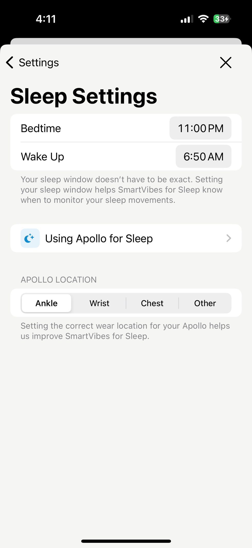 Settings section in the Apollo Neuro app