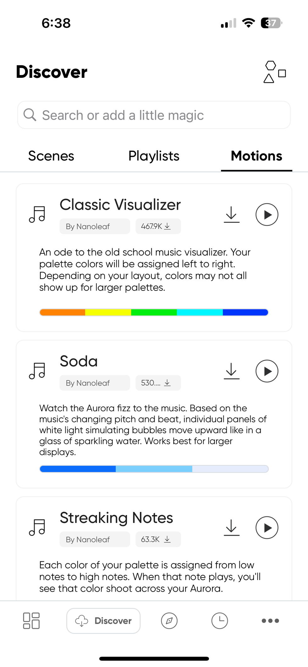 a screenshot of Nanoleaf app showing Motions