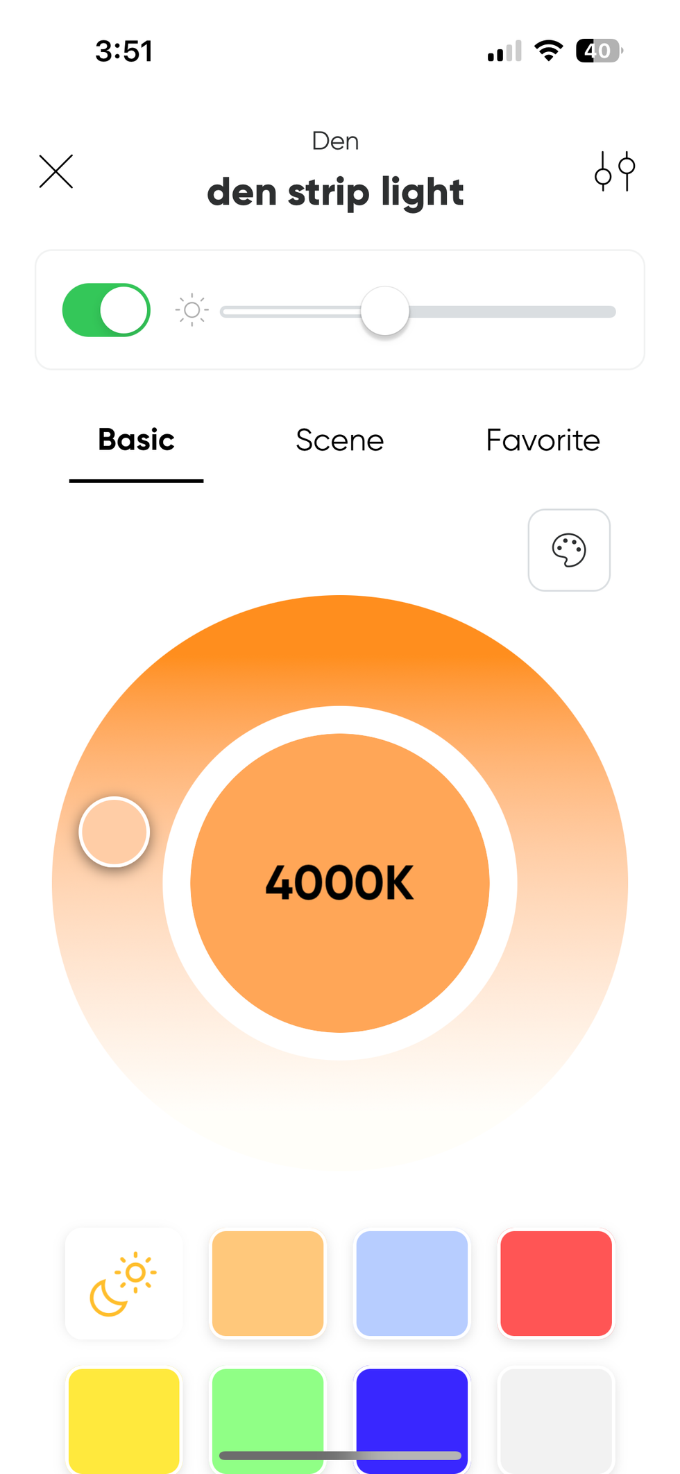 A screenshot of Nanoleaf app showiing basic colors and brightness bar