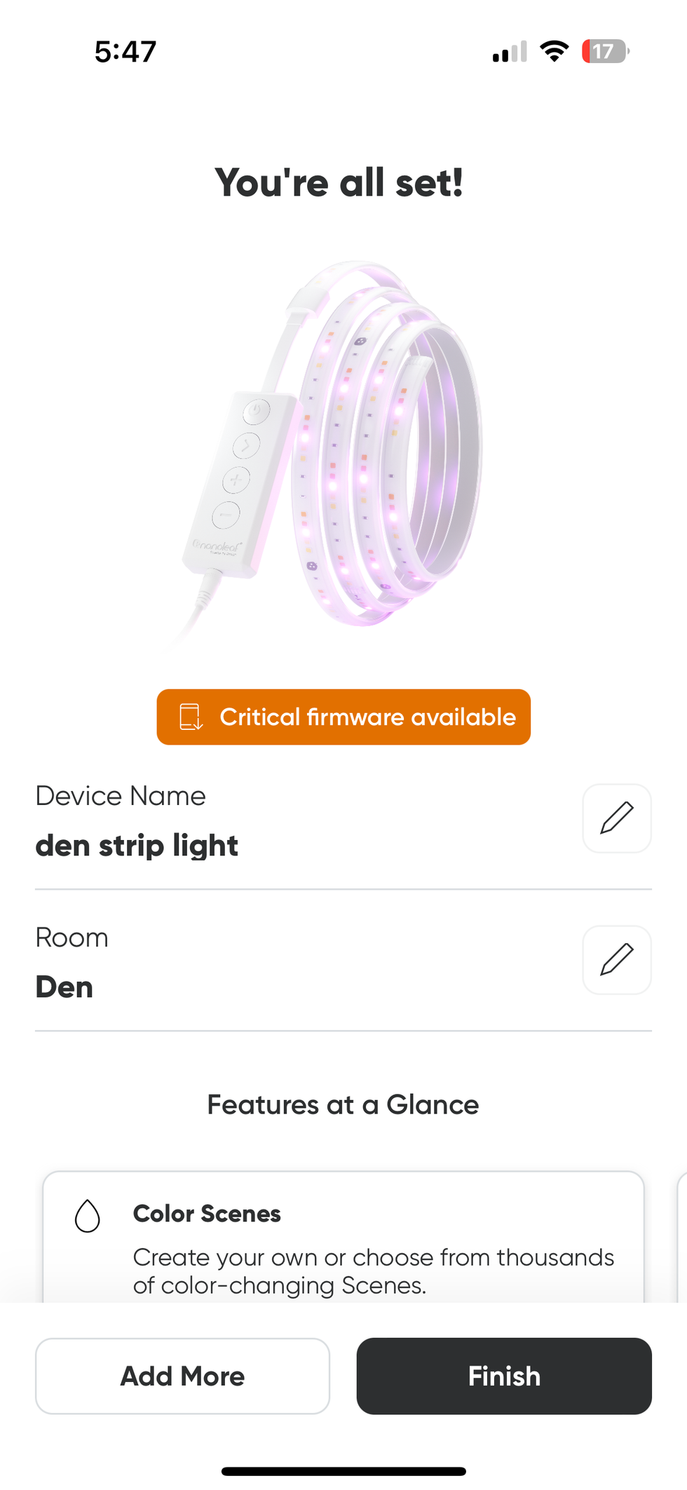 Screenshot of Nanoleaf app after pairing instructing to update firmware