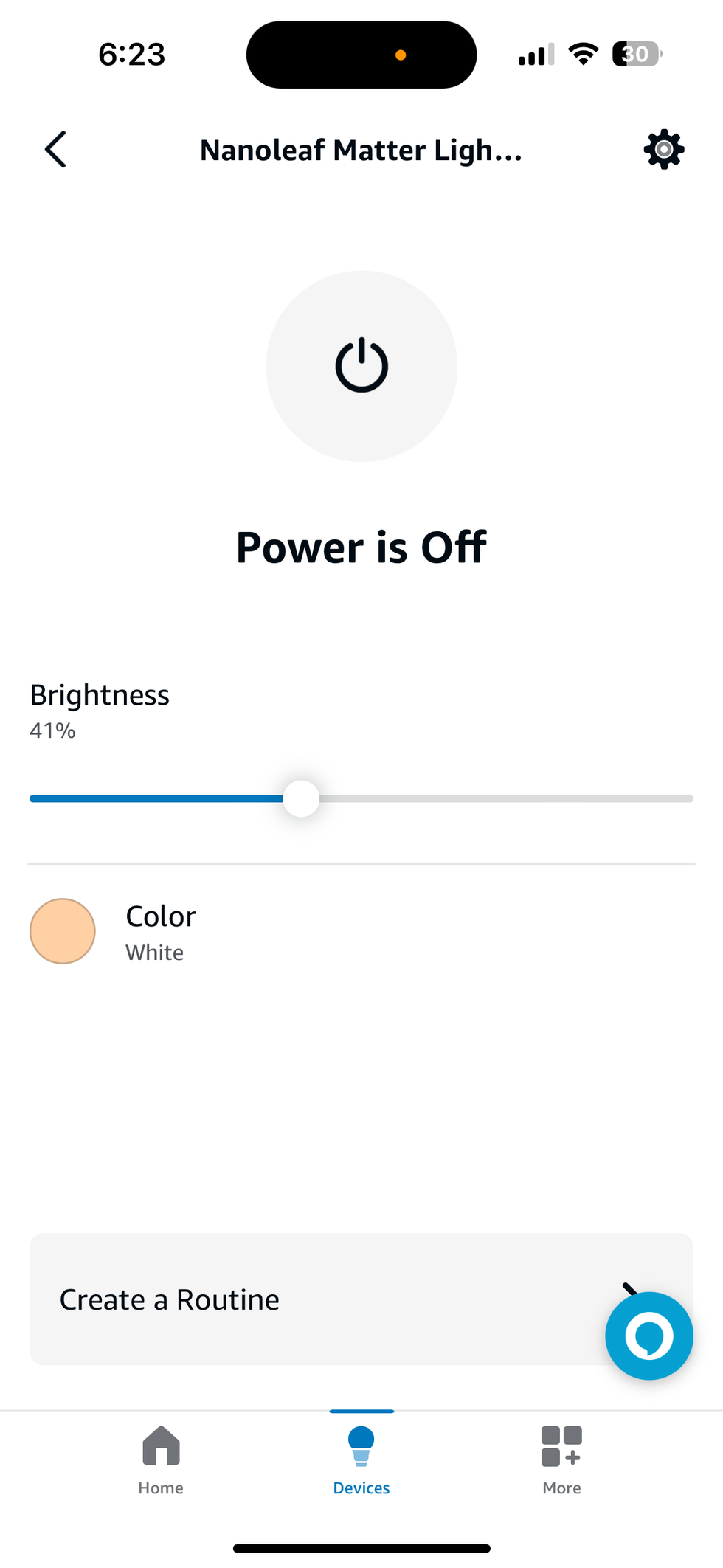 a screenshot of Alexa app showing controls for Nanoleaf Matter Lightstrip