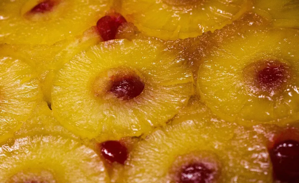 pineapple upside down cake, cherries, dessert
