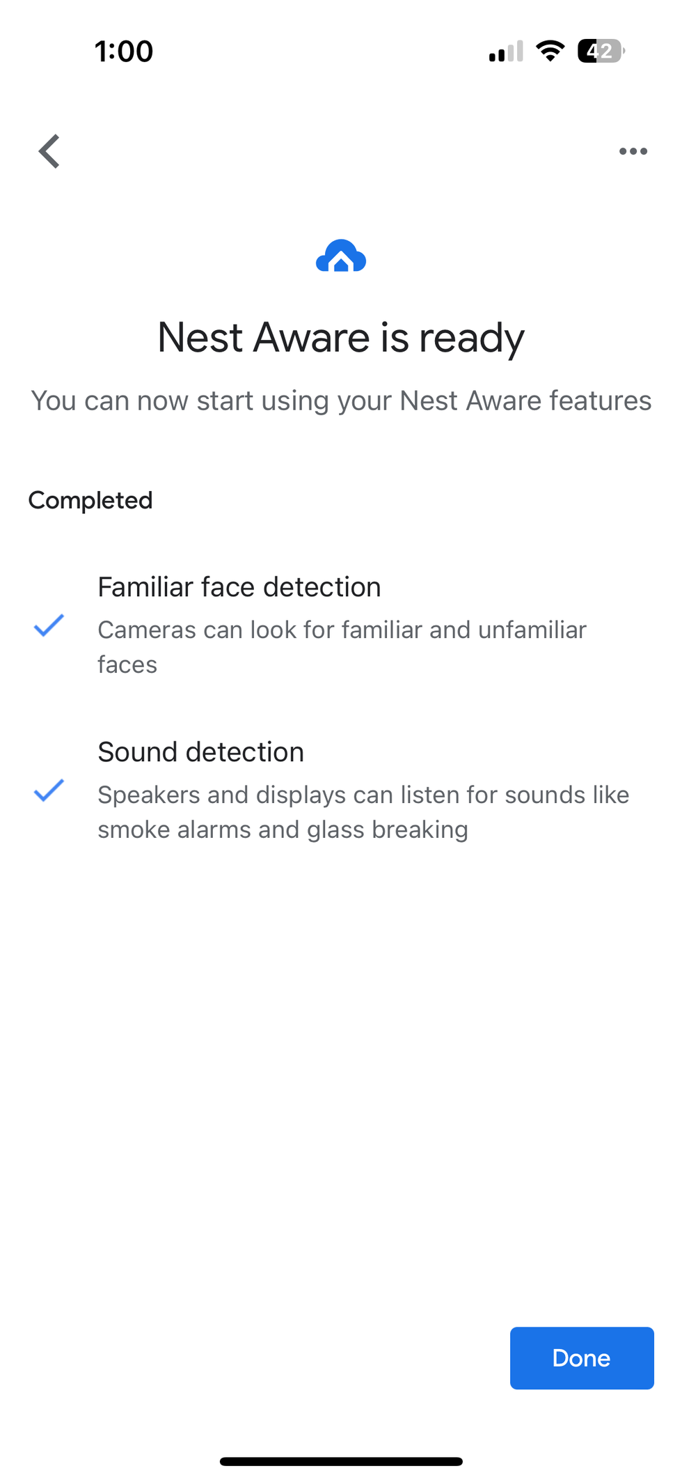 a screenshot of Nest Aware setup in Google Home app