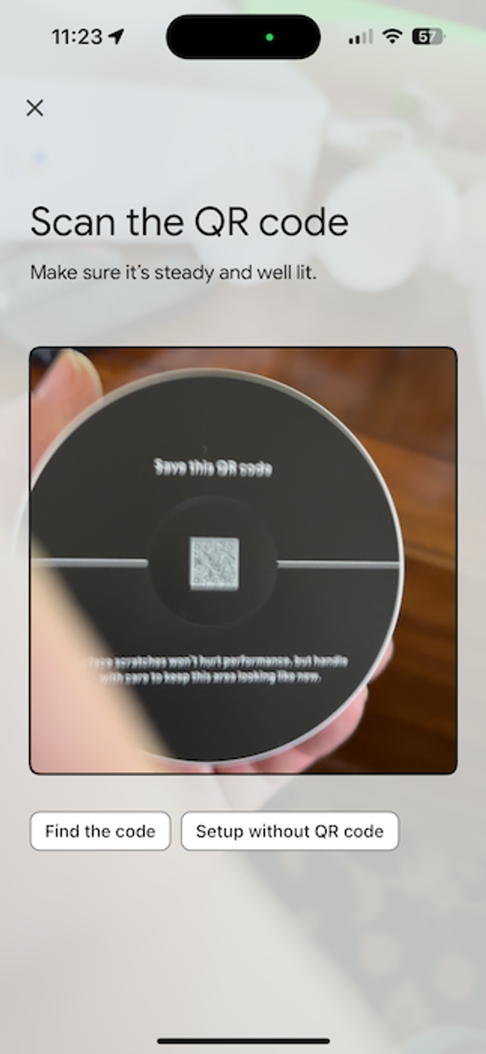 a screenshot of Google Home app showing how to scan QR code to get to directions for installing the Google Nest Cam with Floodlight (Wired)