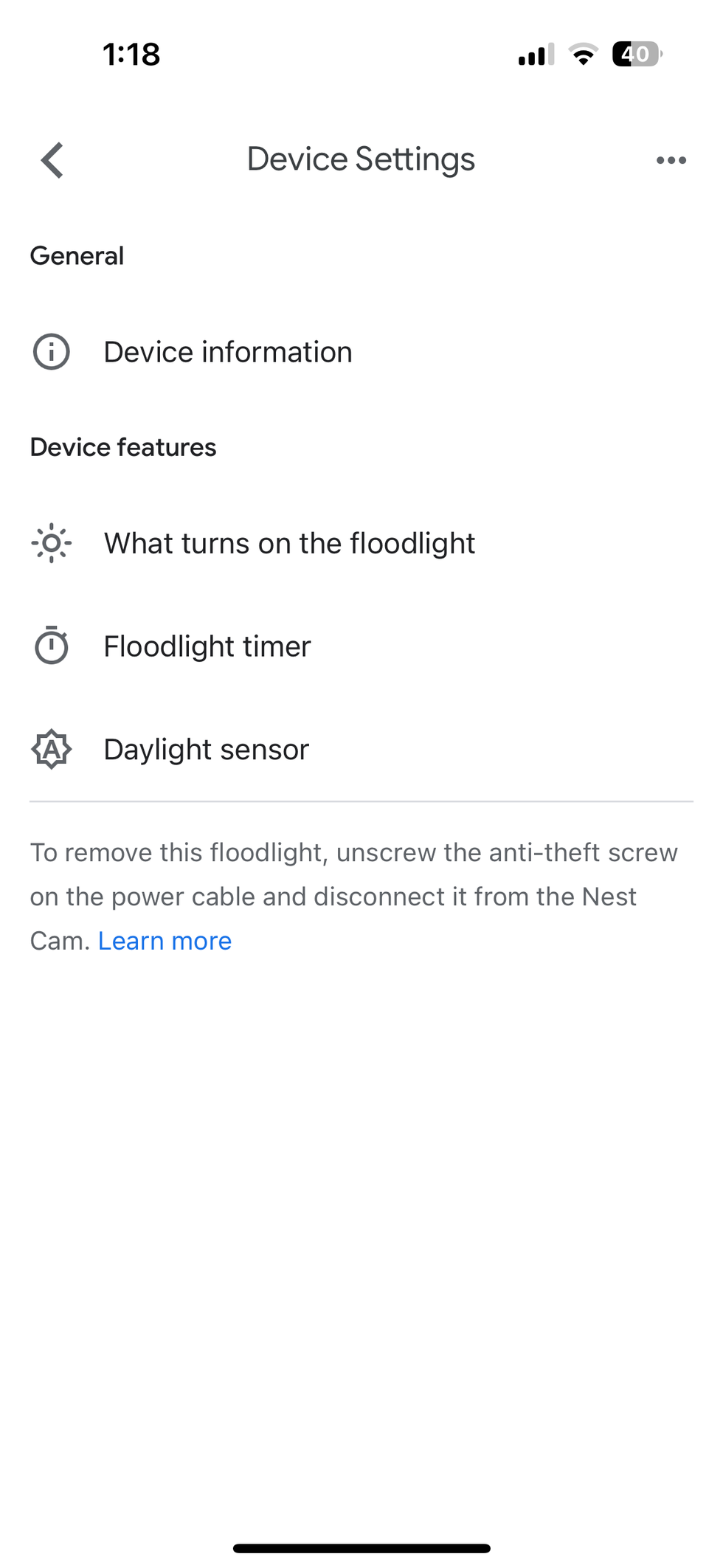 screenshot of Google Home app showing floodlight settings for Google Nest Cam with Floodlight (Wired)