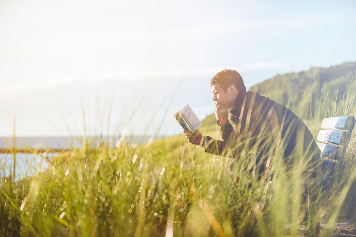 man reading. book on a bench