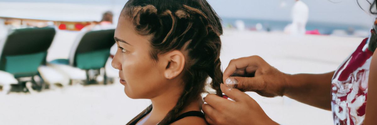 Latin woman braids the hair of a younger companion against the backdrop of a Caribbean beach.