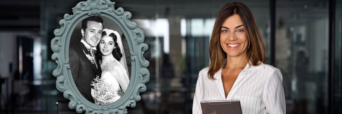 Smiling businesswoman in a corporate setting, juxtaposed with an old portrait symbolizing traditional marriage.
