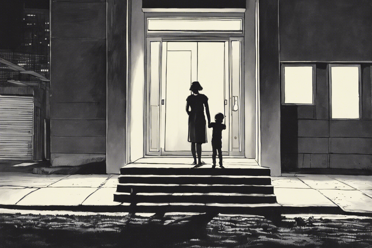 woman and child going into a building at night