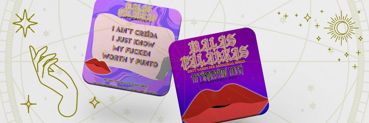 graphic design featuring cards from Esoteric Esa's 'Malas Palabras' affirmation deck.