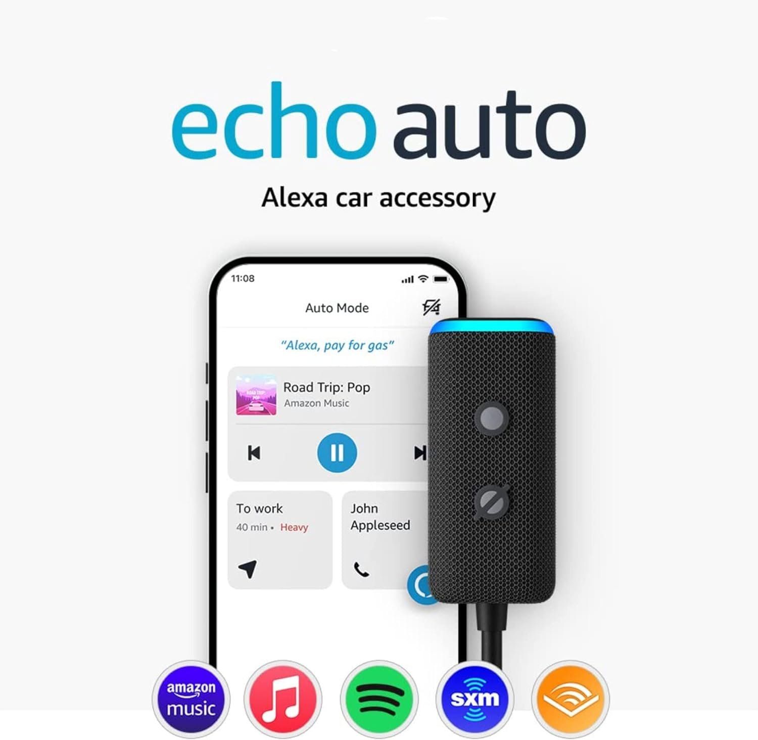 a photo of Amazon Echo Auto (2nd Gen) wiith a smartphone showng the Alexa app