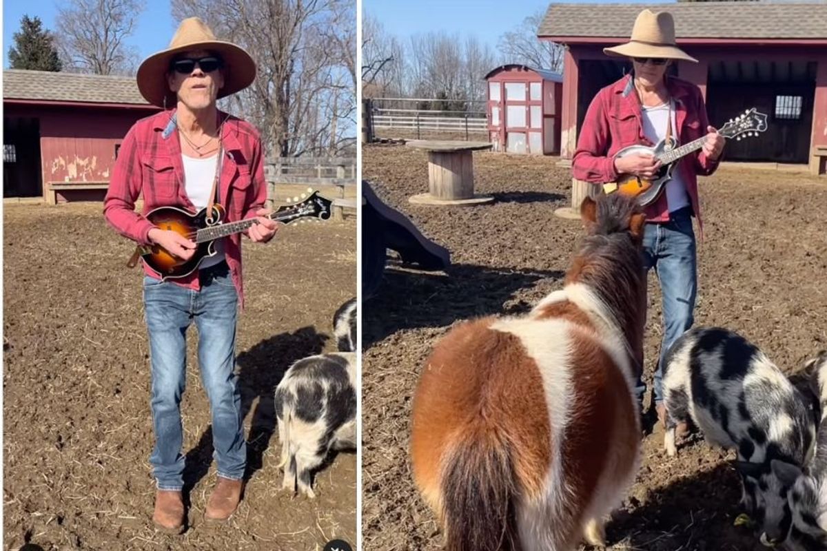 kevin bacon playing mandolin on his farm