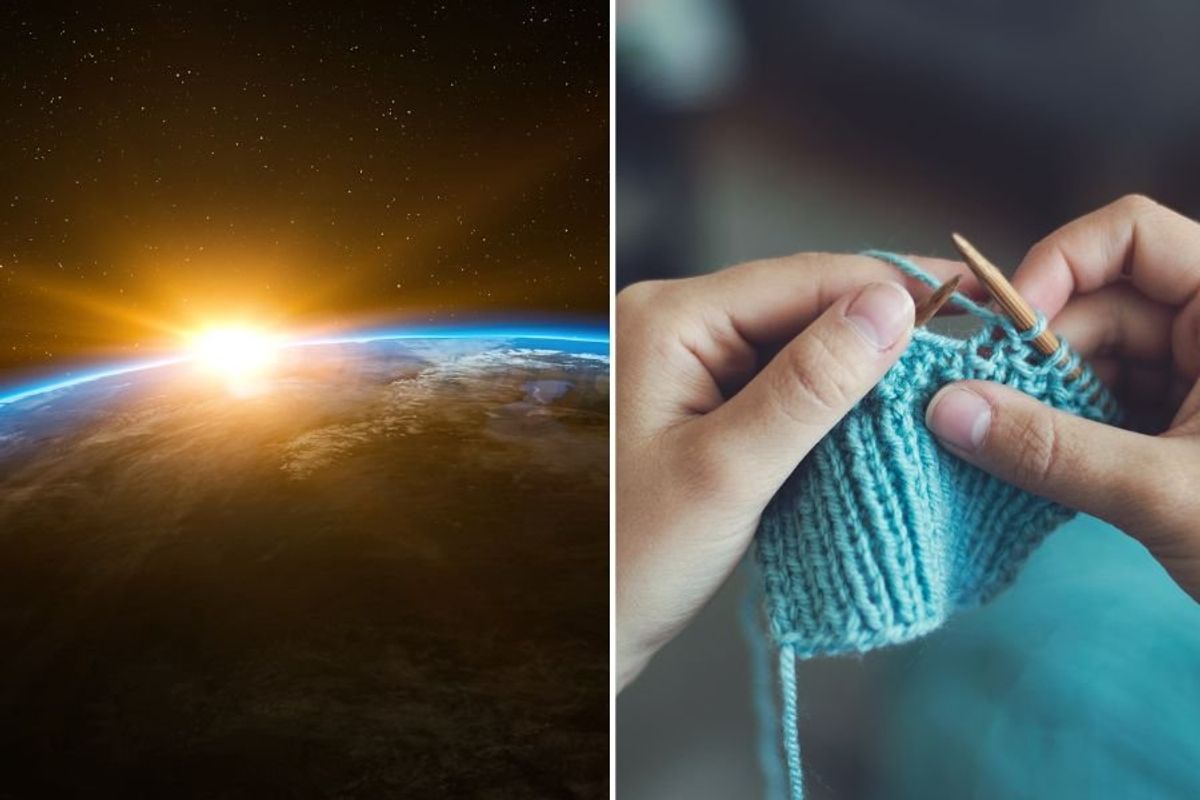 sun rising over earth, person knitting