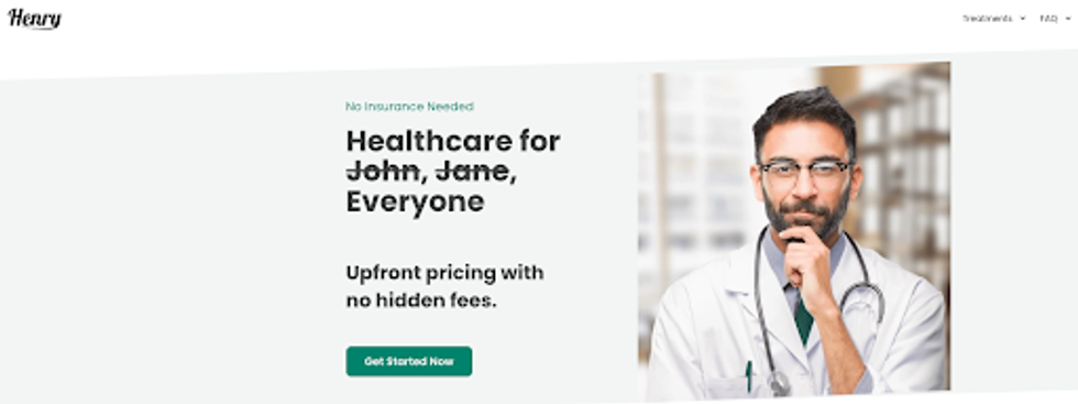 a screenshot of henry healthcare page with a doctor and signup for their ai healthcare service.