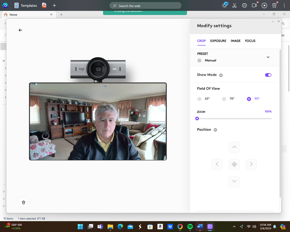 a screenshot of controls for MX Brio 4K webcam showing 90 degree field of view