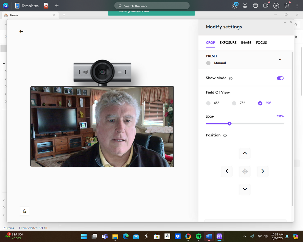 screenshot of Logitech controls for MX Brio 4K Webcam