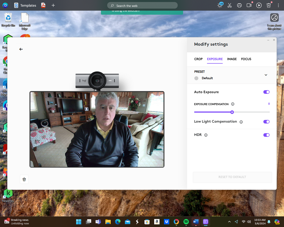 screenshot of Logitech controls for MX Brio 4K Webcam