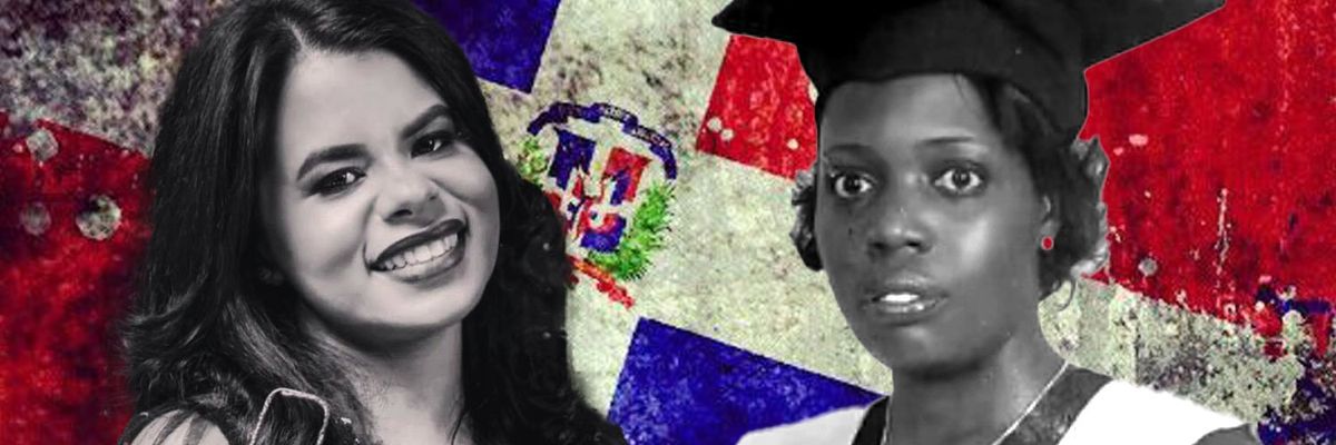 Graphic design showcasing Adilka Féliz and Damaris Mejía against the backdrop of the Dominican Republic flag.
