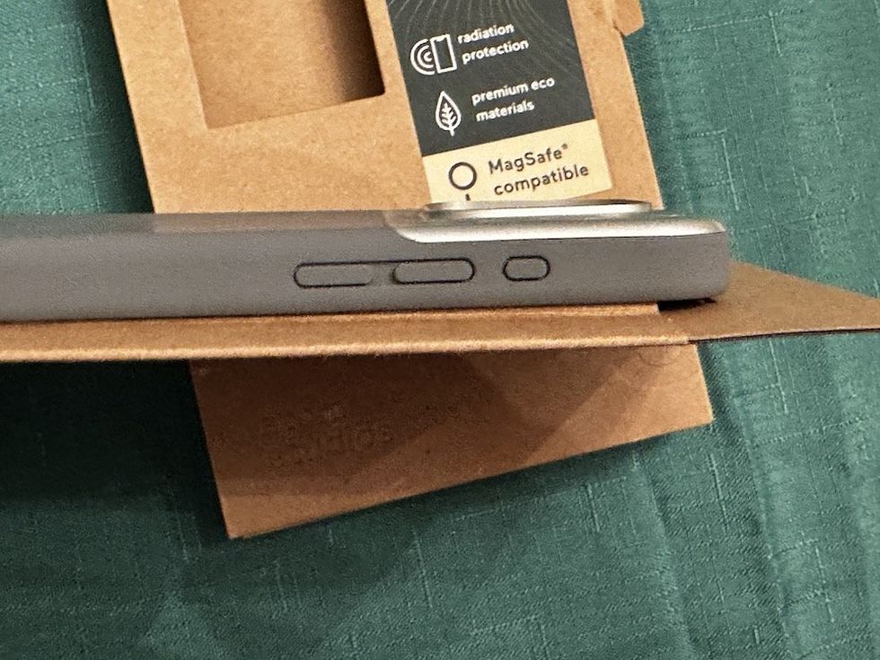 a photo of the side controls on the Atom Studios iPhone 15 Pro Split Silicone Case powered by alara