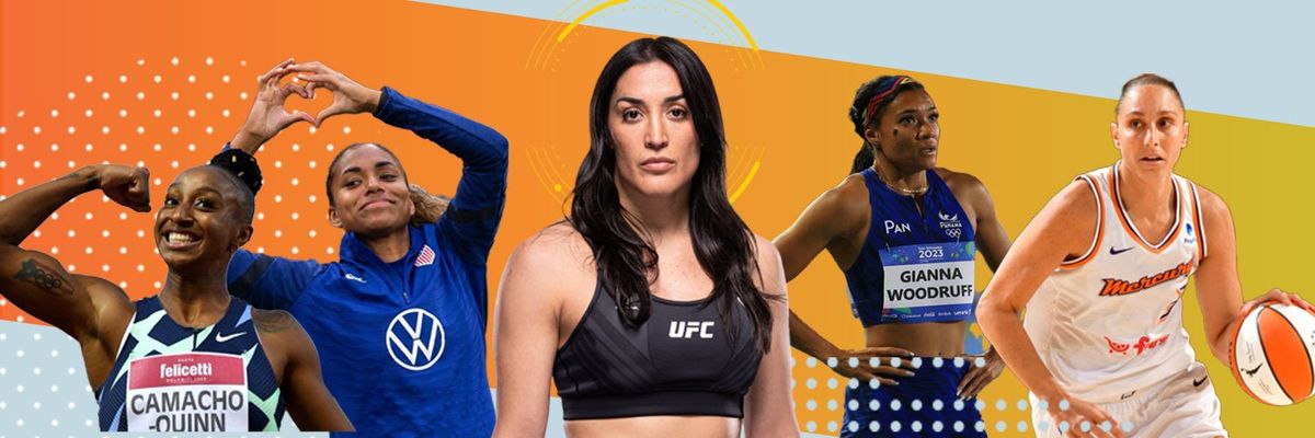 graphic showcasing 5 exceptional Latina athletes excelling in their sports: Tatiana Suarez (MMA), Catarina Macario (soccer), Gianna Woodruff (track and field), Diana Taurasi (basketball), and Jasmine Camacho-Quinn (hurdling).