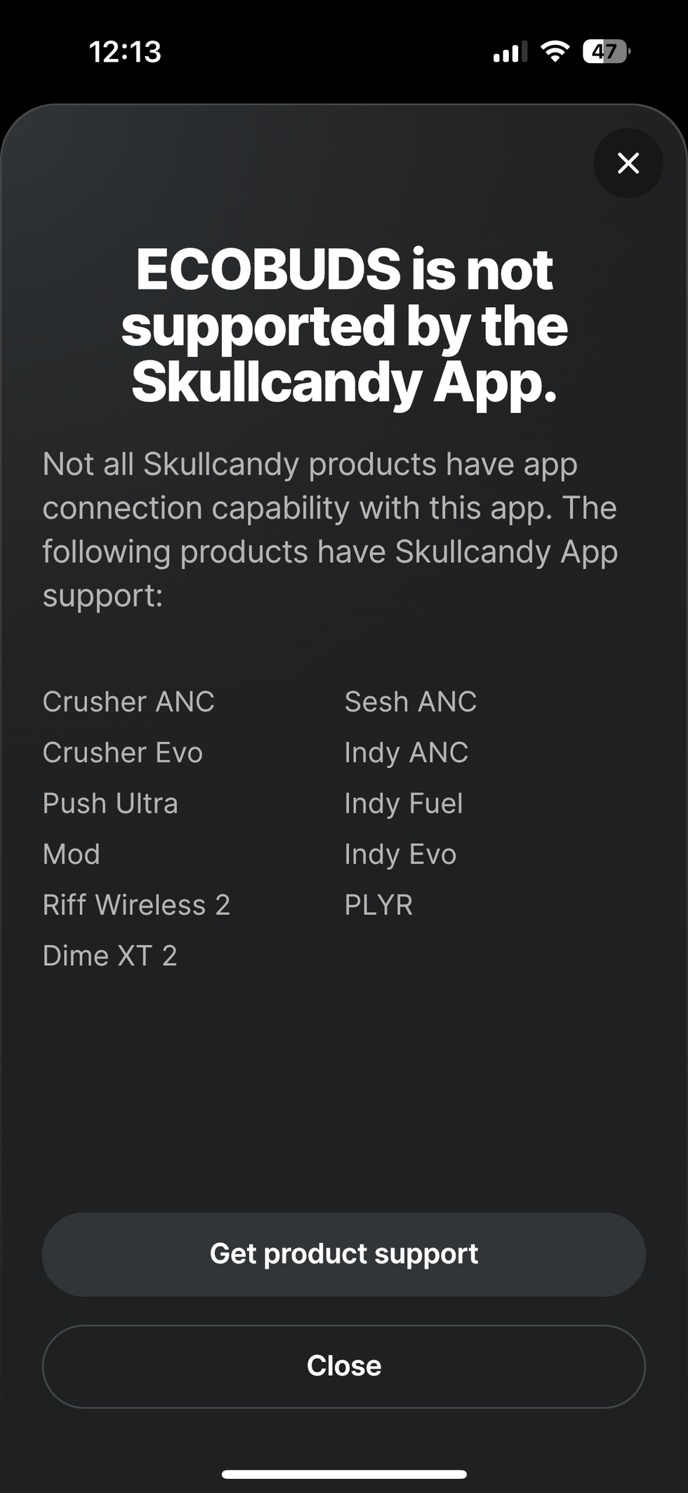 a screenshot of Skullcandy app saying which Skullcandy headphones work with the app